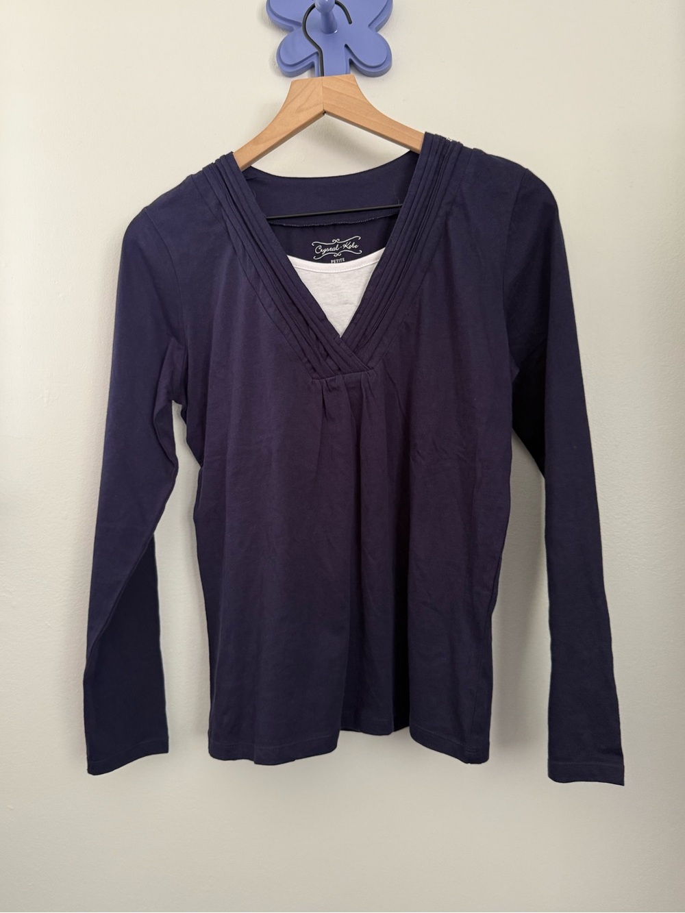 90s Y2K Petite Small Double Layered Long Sleeve Babydoll Tee Navy 2000s